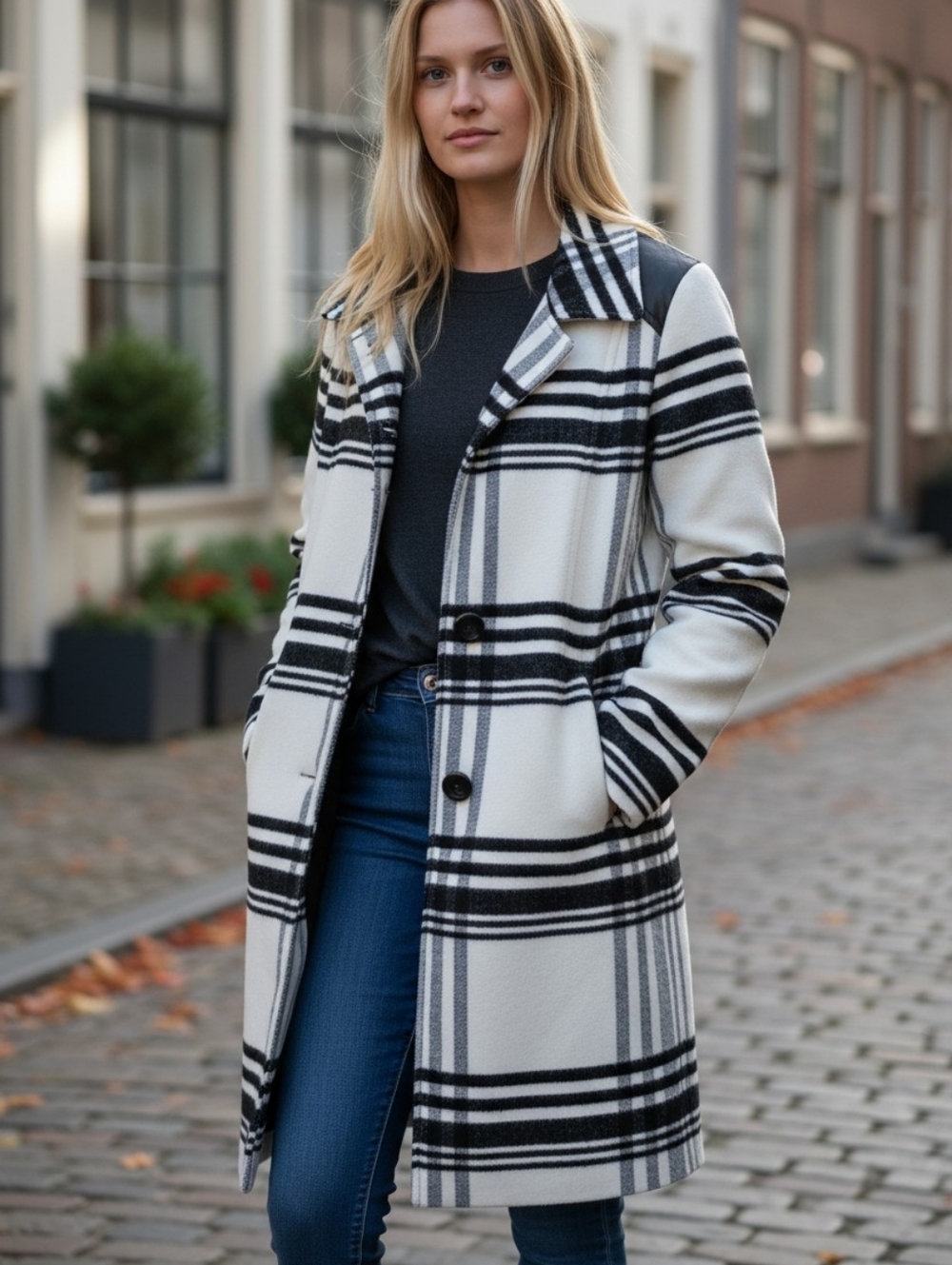 Women’s Black & White Plaid Single-Breasted Coat